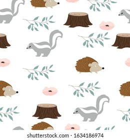 Cute woodland background with skunk,squirrel.Vector illustration seamless pattern for background,wallpaper,frabic.Editable element