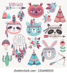 Cute Woodland boho tribal characters,  rabbit, owl, sloth, panda,bear. American indian set of Vector illustration.