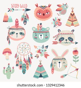 Cute Woodland boho tribal characters,  rabbit, owl, sloth, panda,bear. American indian set of Vector illustration.