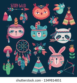 Cute Woodland boho tribal characters,  rabbit, owl, sloth, panda,bear on dark background. American indian set of Vector illustration.