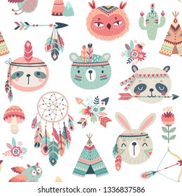 Cute Woodland boho tribal pattern,  rabbit, owl, sloth, panda,bear. American indian set of Vector illustration.