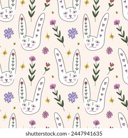 Cute woodland bunny rabbits seamless pattern template trendy cute vector ornate cloth wrapping composition with spring holiday childish cartoon wild animals elements, baby hare