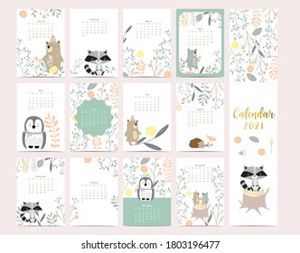 Cute woodland calendar 2021 with bear, skunk, penguin, leaves for children, kid, baby