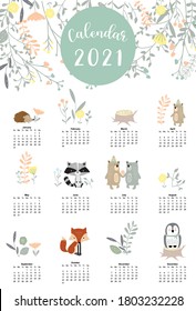 Cute woodland calendar 2021 with bear, skunk, penguin, leaves for children, kid, baby