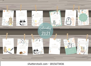 Cute woodland calendar 2021 with bear, skunk, penguin, leaves for children, kid, baby