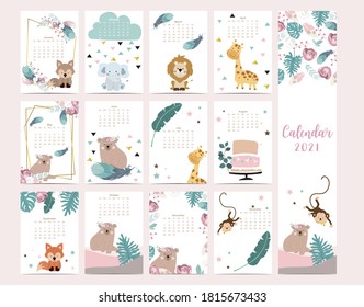 Cute woodland calendar 2021 with bear,giraffe,fox,leaves for children, kid, baby