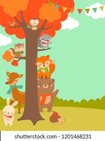 Cute woodland cartoon animals and big tree illustration with copy space for kids party invitation card template.