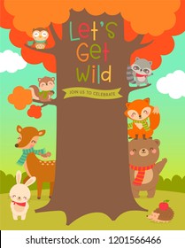 Cute woodland cartoon animals and big tree illustration with copy space for kids party invitation card template.