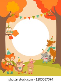 Cute woodland cartoon animals with copy space for kids party invitation card template.
