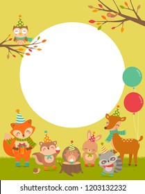 Cute woodland cartoon animals with copy space for kids party invitation card template.