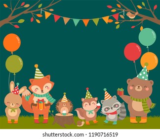Cute woodland cartoon animals illustration with copy space for kids party invitation card template.