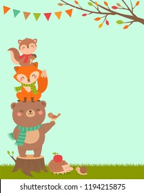 Cute woodland cartoon animals illustration with copy space for kids party invitation card template.