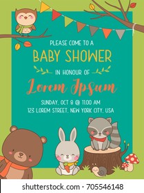 Cute woodland cartoon animals illustration for baby shower invitation card template