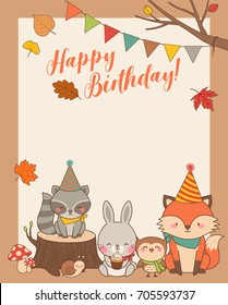 Cute woodland cartoon animals illustration with copy space for birthday card template