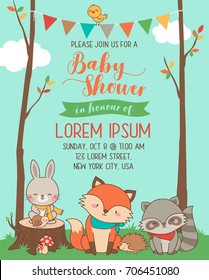 Cute woodland cartoon animals illustration for baby shower card template