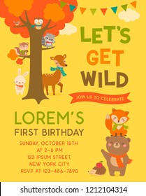 Cute woodland cartoon animals and tree illustration with copy space for kids party invitation card template.