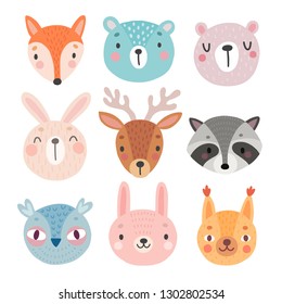 Cute Woodland characters, bear, fox, raccoon, rabbit, squirrel, deer, owl. Vector illustration.