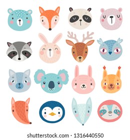 Cute Woodland characters, bear, fox, raccoon, rabbit, squirrel, deer, owl and others. Vector illustration.