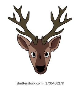 Cute woodland deer face vector illustration. Buck deer with antlers. Childlish hand drawn doodle style. For game animal decor, boho kids fashion, trendy doodle forest graphic design. 