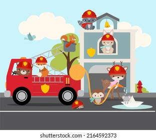 Cute woodland firefighter animals. A firetruck with a bear driver and firefighter fox and squirrel. Deer is on the ground with the mouse floating in the puddle in a paper boat.