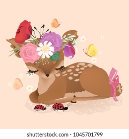 Cute woodland, forest animal deer (fawn) with flowers, floral bouquet, wreath, tied bow and ladybug crossing