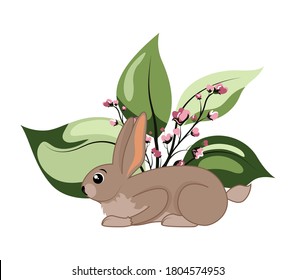 Cute woodland forest animal rabbit with grass and flowers. Great for baby shower and kids design