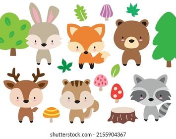 Conjunto de animales de bosque de bosques de malla cutánea que incluye un ejemplo de oso, zorro, conejo, ciervo, ardilla y raccoon vectorial.