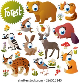 cute woodland forest animals and birds for children apps or books: bear, waxwing, chipmunk, beaver, deer, hare, fox, jay, lynx and woodpecker