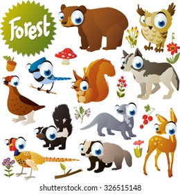 cute woodland forest animals and birds for children apps or books: bear, owl, squirrel, jay, wolf, otter, deer, badger, skunk, pheasant, grouse