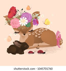 Cute woodland, forest animals deer (fawn) and dreaming baby bunny (rabbit) with flowers, floral bouquet, wreath, tied bow and ladybug crossing