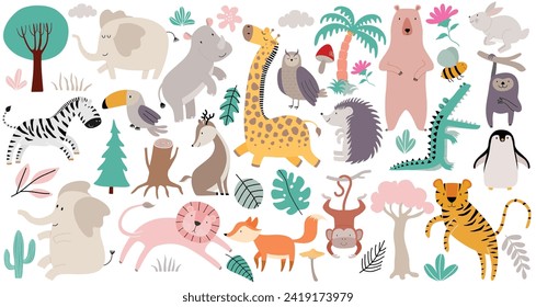 Cute woodland forest animals set. in cartoon style. 