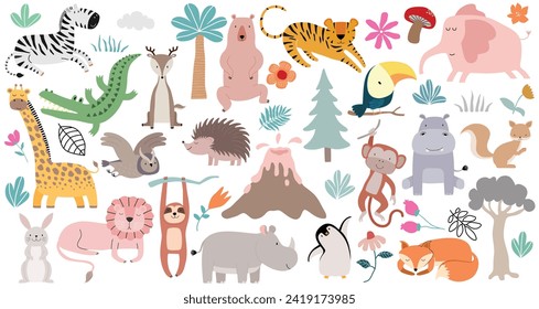 Cute woodland forest animals set. in cartoon style. 