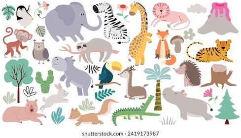 Cute woodland forest animals set. in cartoon style. 