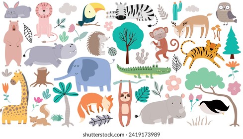 Cute woodland forest animals set. in cartoon style. 