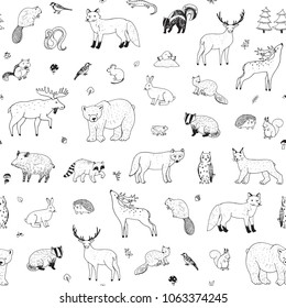 Cute Woodland Forest Animals Vector Illustrations Seamless Pattern