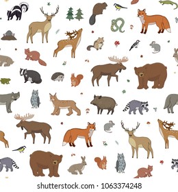 Cute woodland forest animals vector illustrations seamless pattern