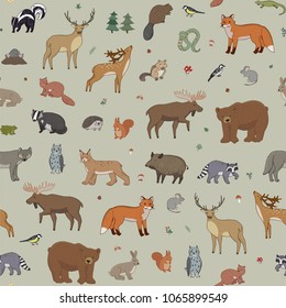 Cute woodland forest animals vector illustrations seamless pattern