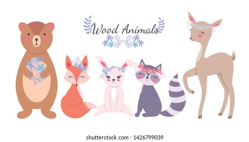 Cute woodland forest animals vector illustration including bear, bunny rabbit, fox, raccoon, and deer