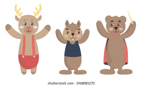 Cute woodland forest animals vector illustration including bear, deer, chipmunk.