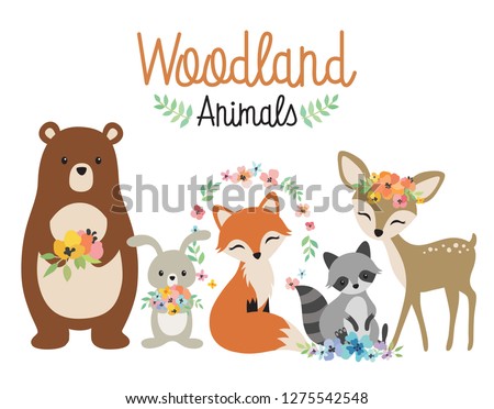 Cute woodland forest animals vector illustration including bear, bunny rabbit, fox, raccoon, and deer. 商業照片 © 