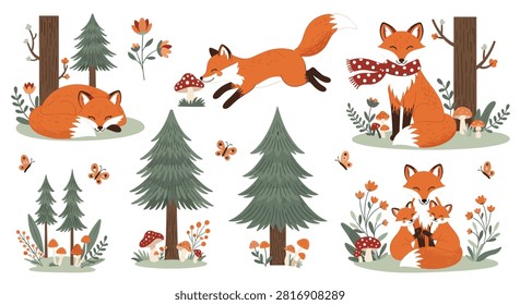 Cute woodland forest pattern elements set featuring foxes, pine trees, mushrooms, and butterflies on white.