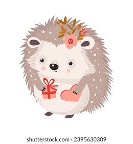 Cute woodland hedgehog forest small animal isolated character with gift heart and flower Vector happy funny greeting card for Valentine day and birthday.