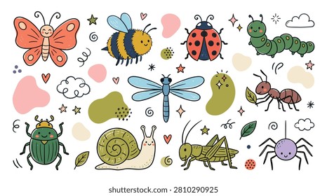 Cute woodland insect vector set including butterfly bee ladybug dragonfly snail ant spider and grasshopper perfect for children nursery decor fabric patterns posters birthday party invitations educational materials and nature themed creative graphic projects.