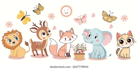 Cute Woodland and jungle Animals Design Elements illustration in cartoon style including deer, fox, cat, elephant, lion.