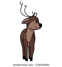 Cute woodland laying down animal vector illustration. Buck deer with antlers. Childlish hand drawn doodle style. For baby nursery decor, boho kids fashion, trendy doodle forest graphic design. 