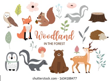 Cute woodland object collection with bear,owl,fox,skunk,mushroom and leaves.Vector illustration for icon,logo,sticker,printable