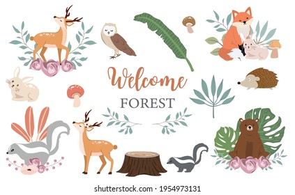 Cute woodland object collection with bear,owl,fox,skunk,mushroom and leaves.Vector illustration for icon,sticker,printable