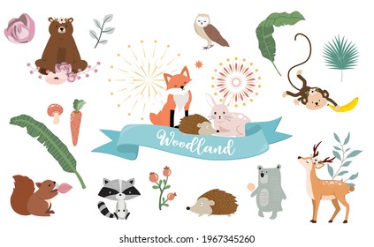 Cute woodland object collection with bear,owl,fox,skunk,mushroom and leaves.Vector illustration for icon,sticker,printable