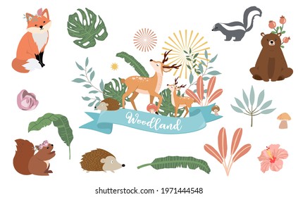 Cute woodland object collection with bear,skunk,fox,deer,mushroom and leaves.Vector illustration for icon,sticker,printable