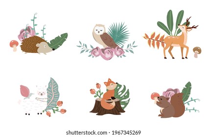 Cute woodland object collection with llama,squirrel,fox,deer,mushroom and leaves.Vector illustration for icon,sticker,printable